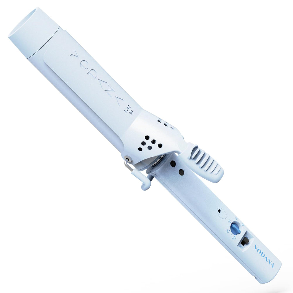 Vodana GlamWave creamy-blue barrel close-up for fast glossy curls