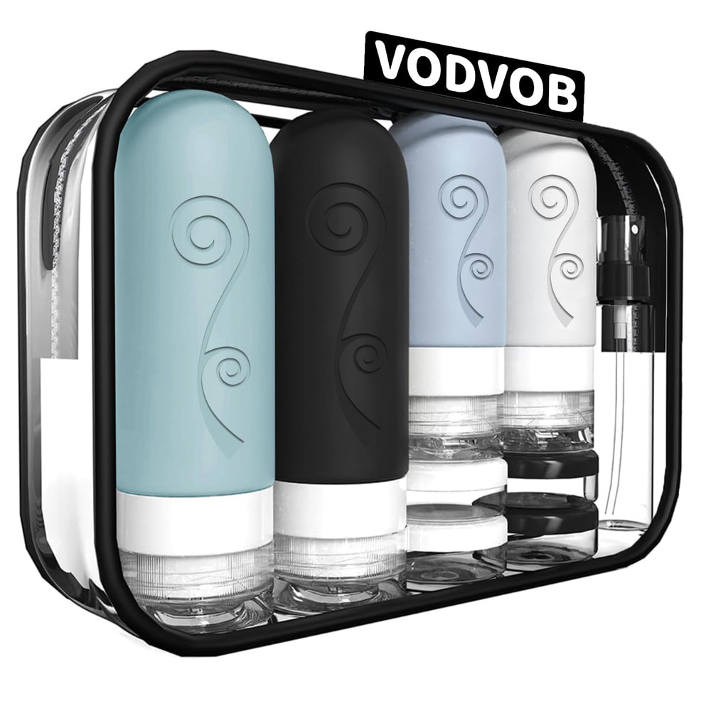 vodvob 16-pack travel bottles black pack shot showcasing organized toiletries on the go