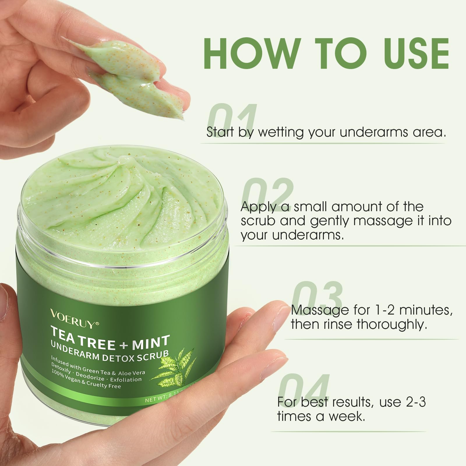 VOERUY armpit detox scrub bottle-closeup highlights packaging and product design