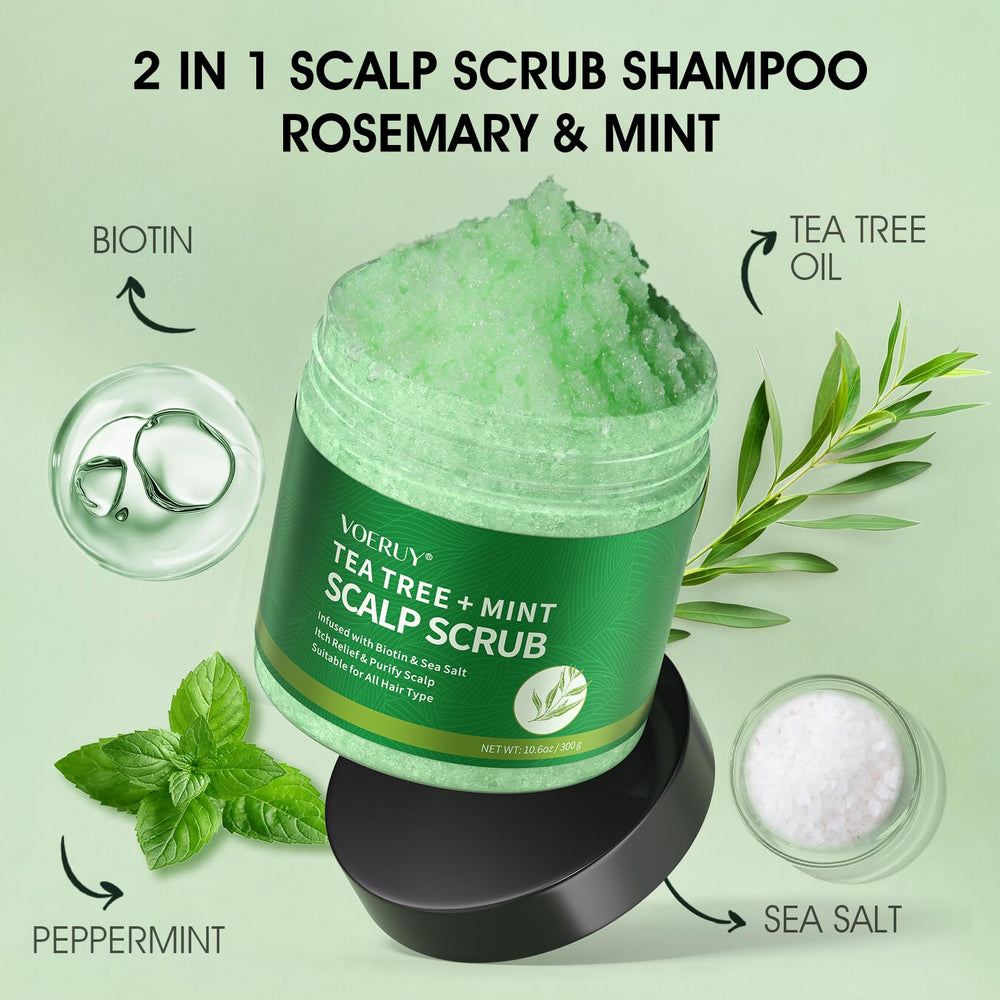 VOERUY tea tree mint essence closeup indicating soothing scalp relief.