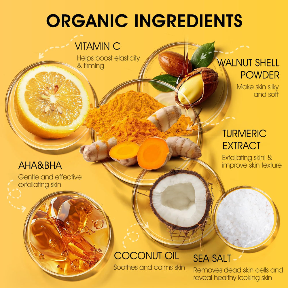 VOERUY Turmeric Body Scrub bottle pour shows easy application for exfoliation