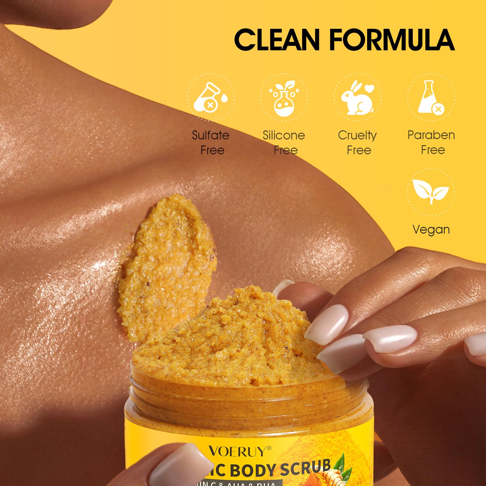 VOERUY Turmeric Body Scrub walnut-shell shows physical exfoliation texture