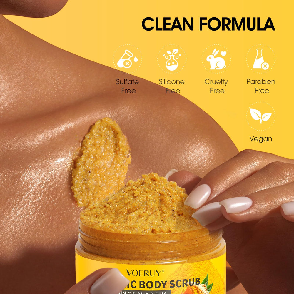 VOERUY Turmeric Body Scrub walnut-shell shows physical exfoliation texture