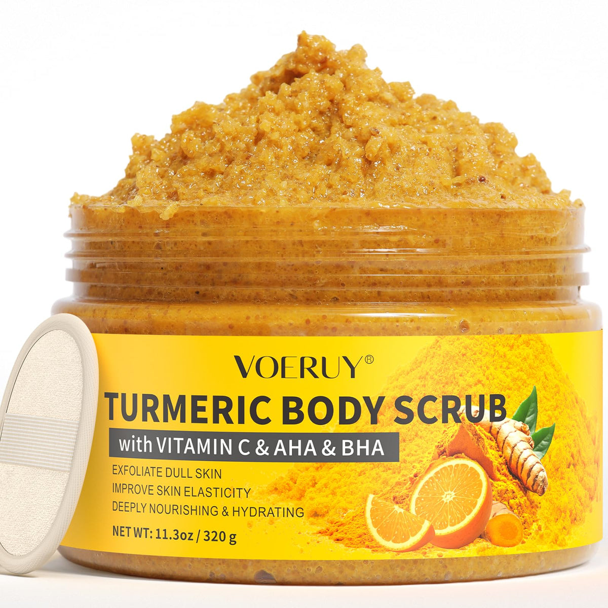 VOERUY Turmeric Body Scrub jar closeup with creamy texture and exfoliation-ready look