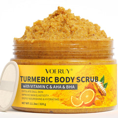 VOERUY Turmeric Body Scrub jar closeup with creamy texture and exfoliation-ready look