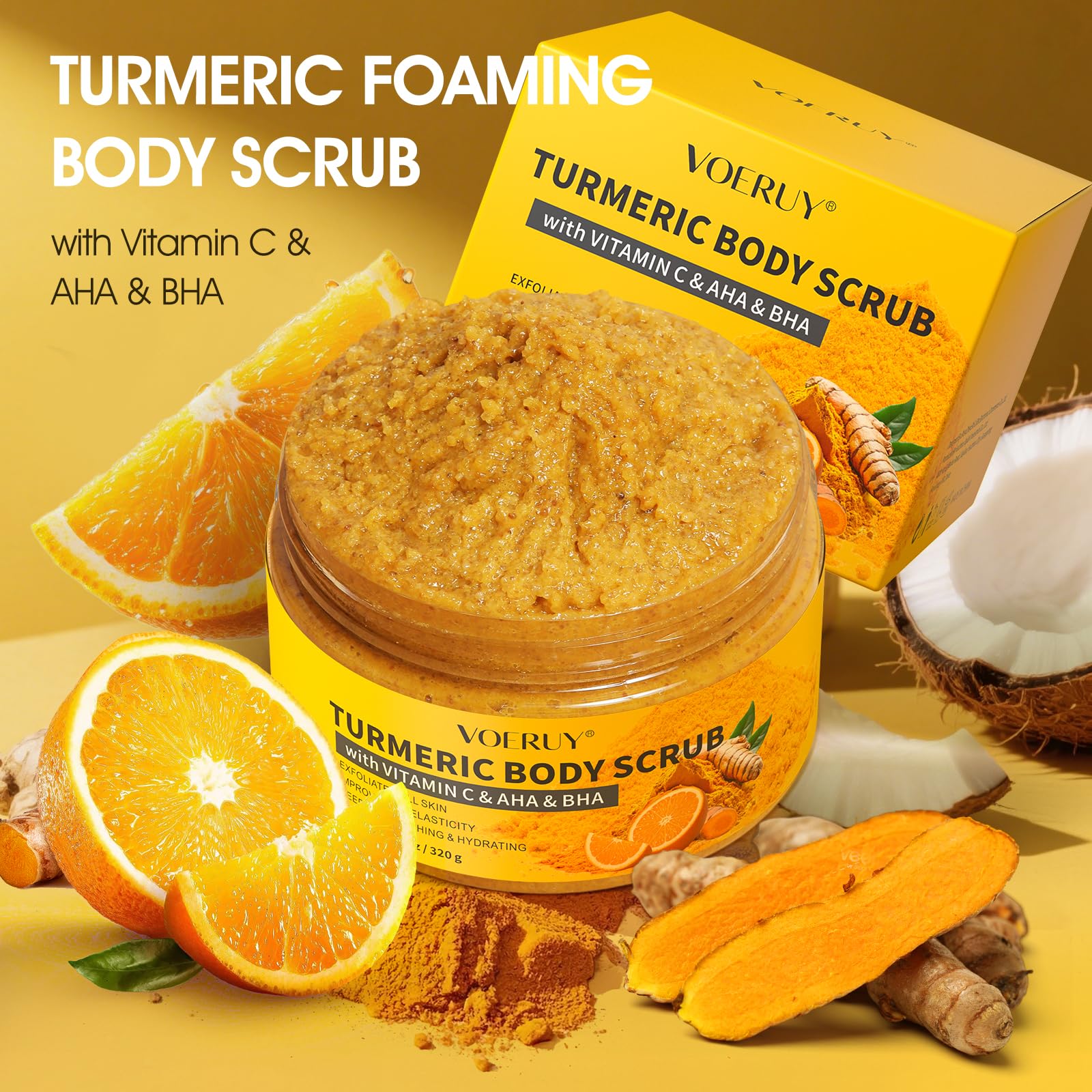VOERUY Turmeric Body Scrub packaging highlights cruelty-free, paraben-free formula