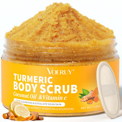 VOERUY Turmeric Exfoliating Scrub bottle close-up for silky skin