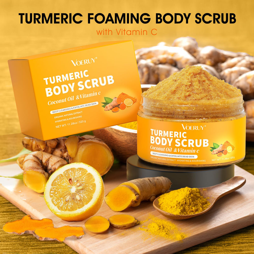 VOERUY Turmeric Exfoliating Scrub tub on shelf ready for at-home spa ritual