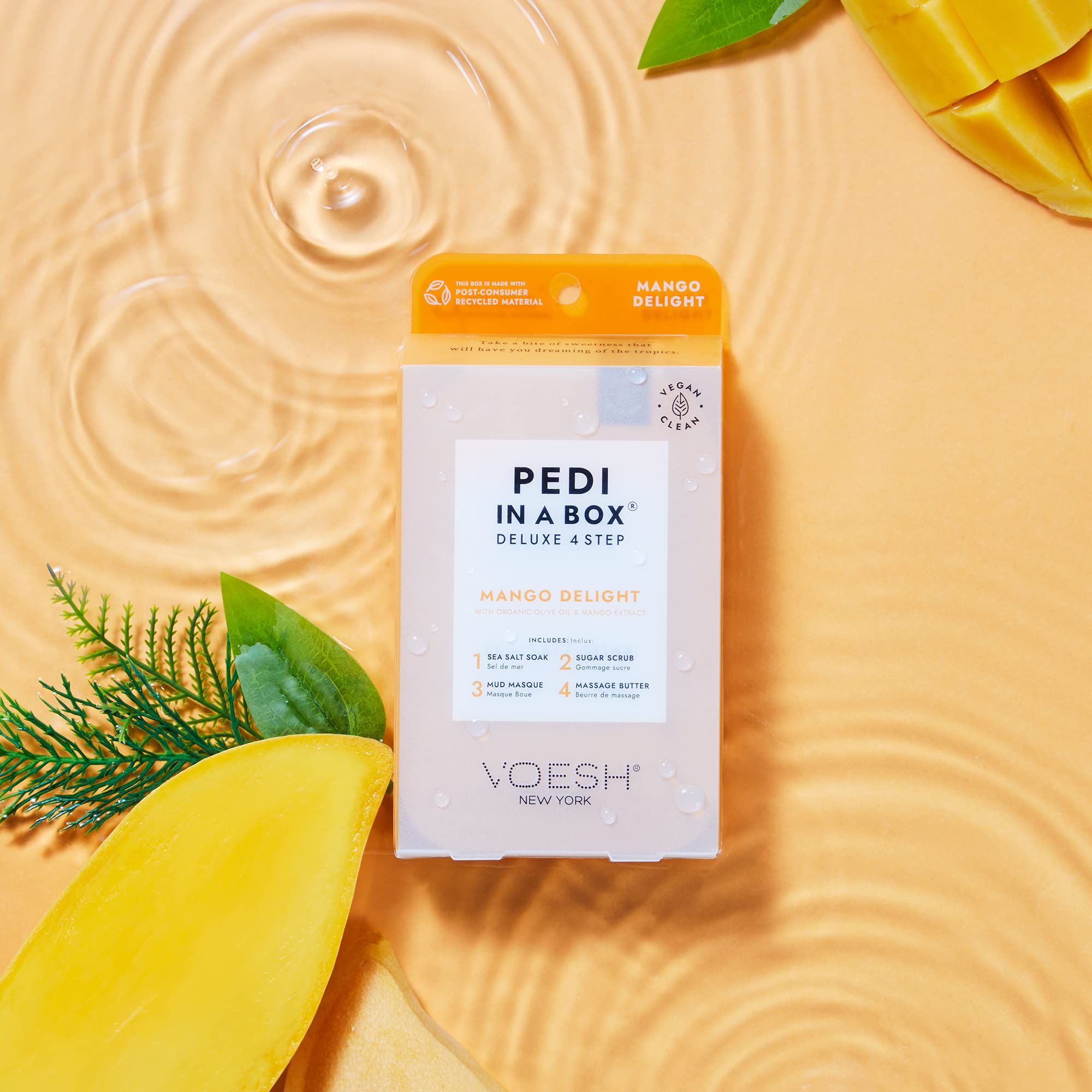 VOESH Mango Delight pedicure with tropical scent and skin revitalization.
