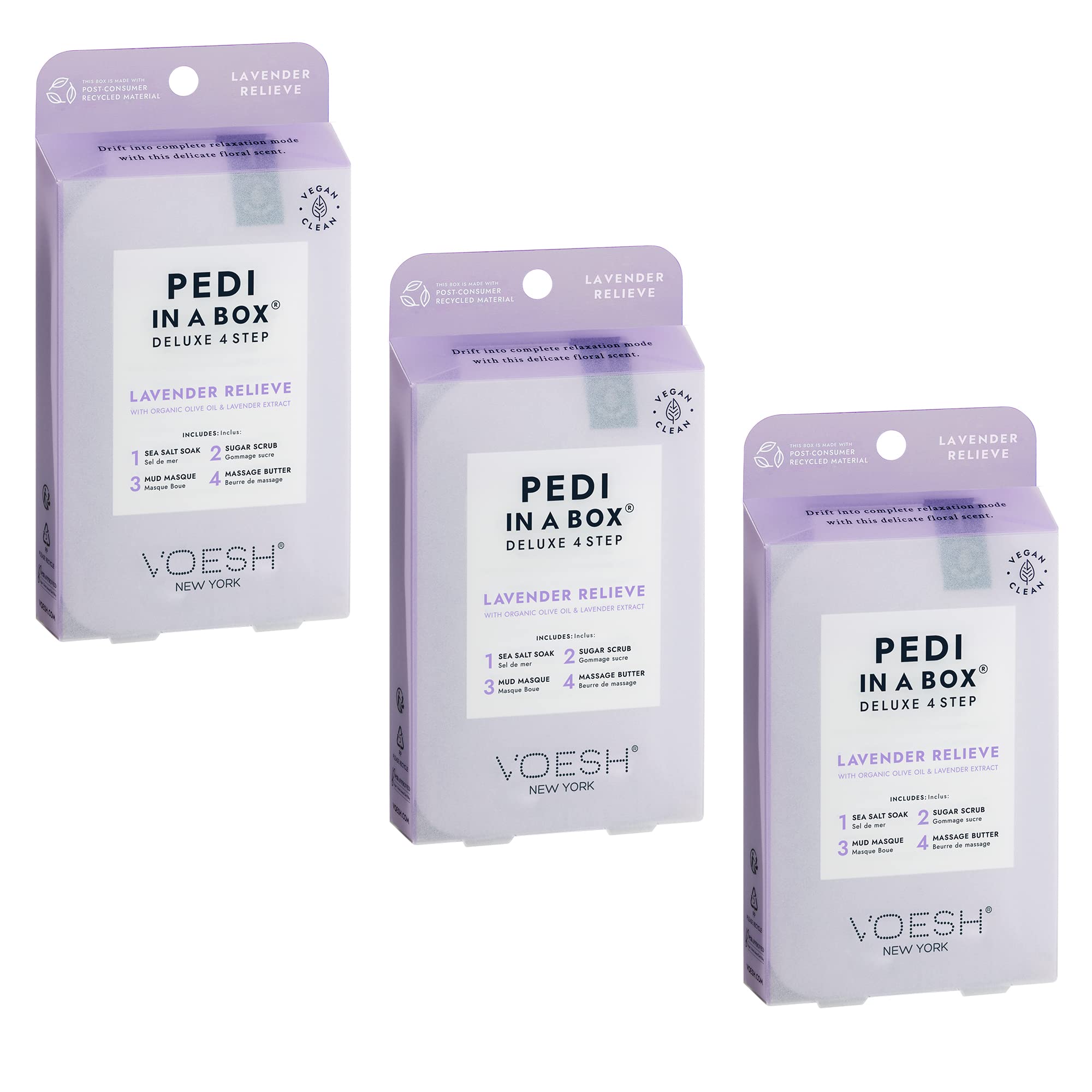 VOESH Pedi in a Box Lavender packaging showing a complete at-home spa setup for convenient pedicures.