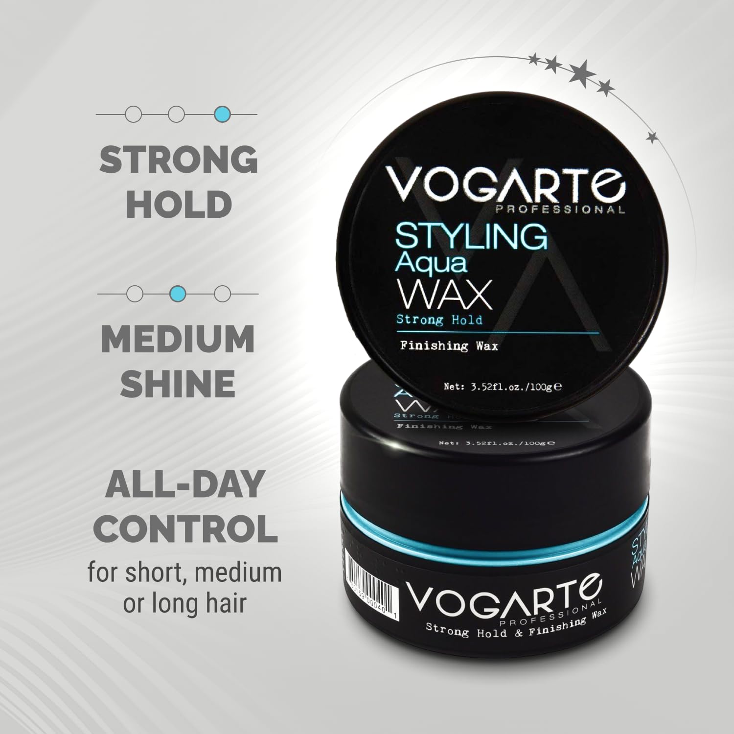 Vogarte Aqua Wax on hair delivers a polished, wet-look finish.