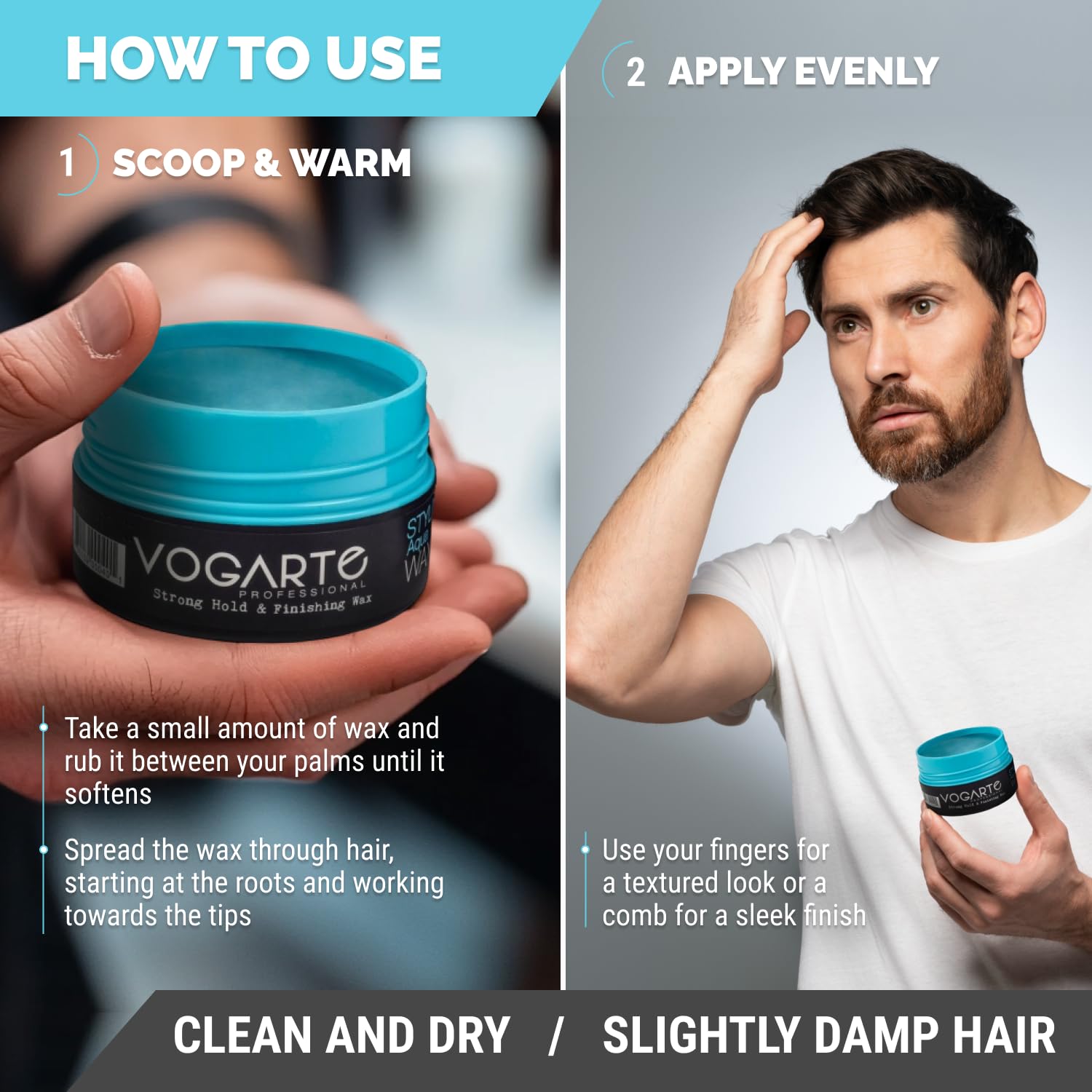 Vogarte Aqua Wax jar front shows premium formula and salon-grade reliability.