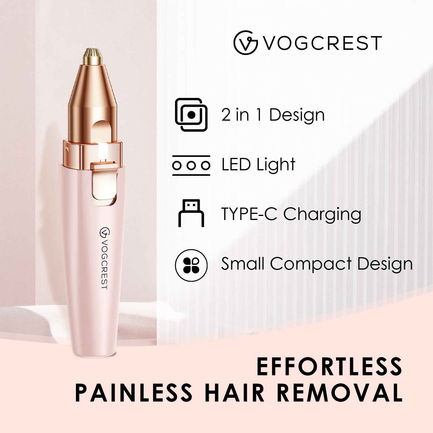 VG VOGCREST Eyebrow Facial Trimmer built-in LED: enhanced visibility for accurate hair removal.