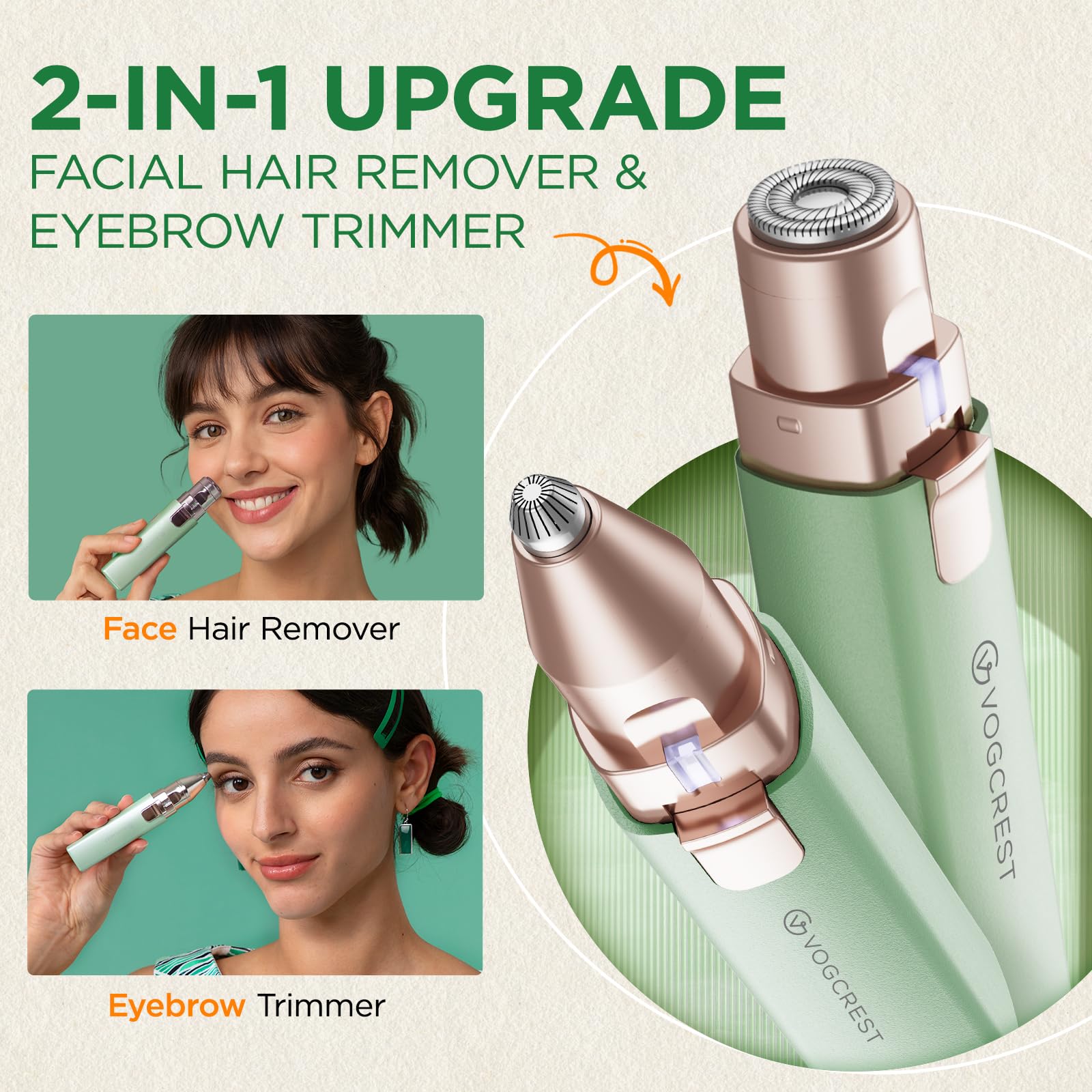VOGCREST facial hair remover close-up shows 2-in-1 design
