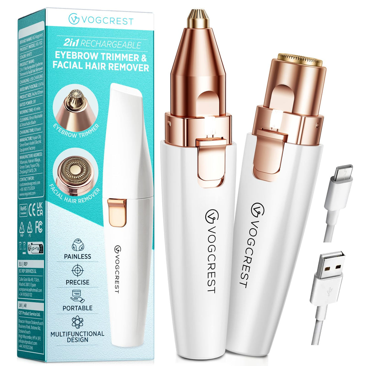 VG VOGCREST rechargeable eyebrow remover with LED light enables precise, painless shaping.