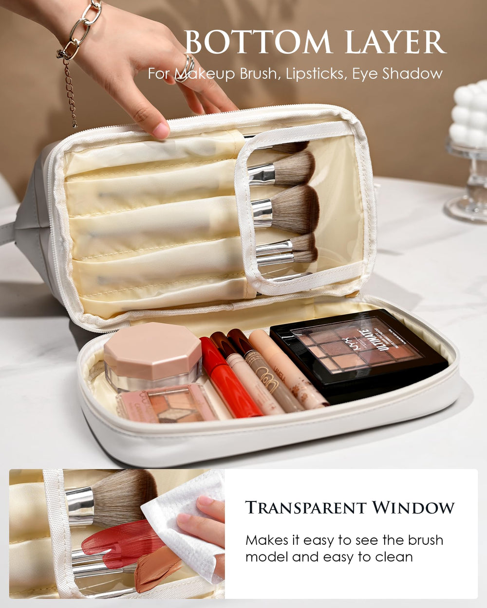 Vogewood bottom partition eye shadow storage helps organize cosmetics and brushes.