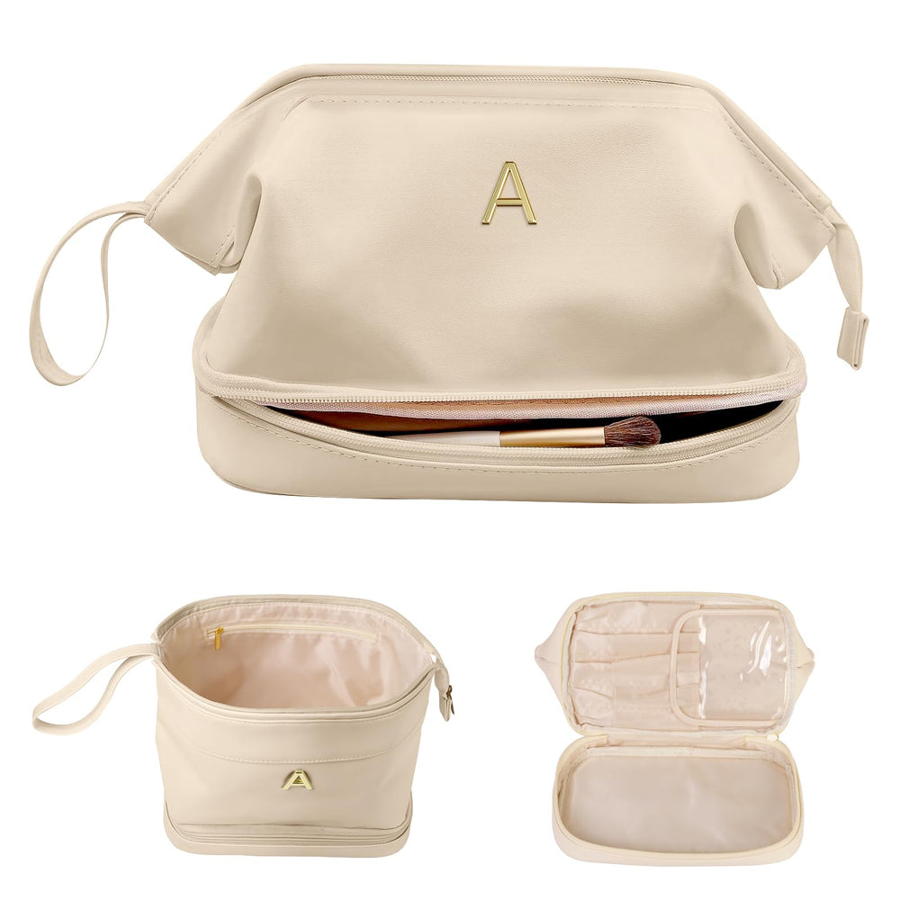 Vogewood double-layer makeup bag top view shows two storage zones for organization