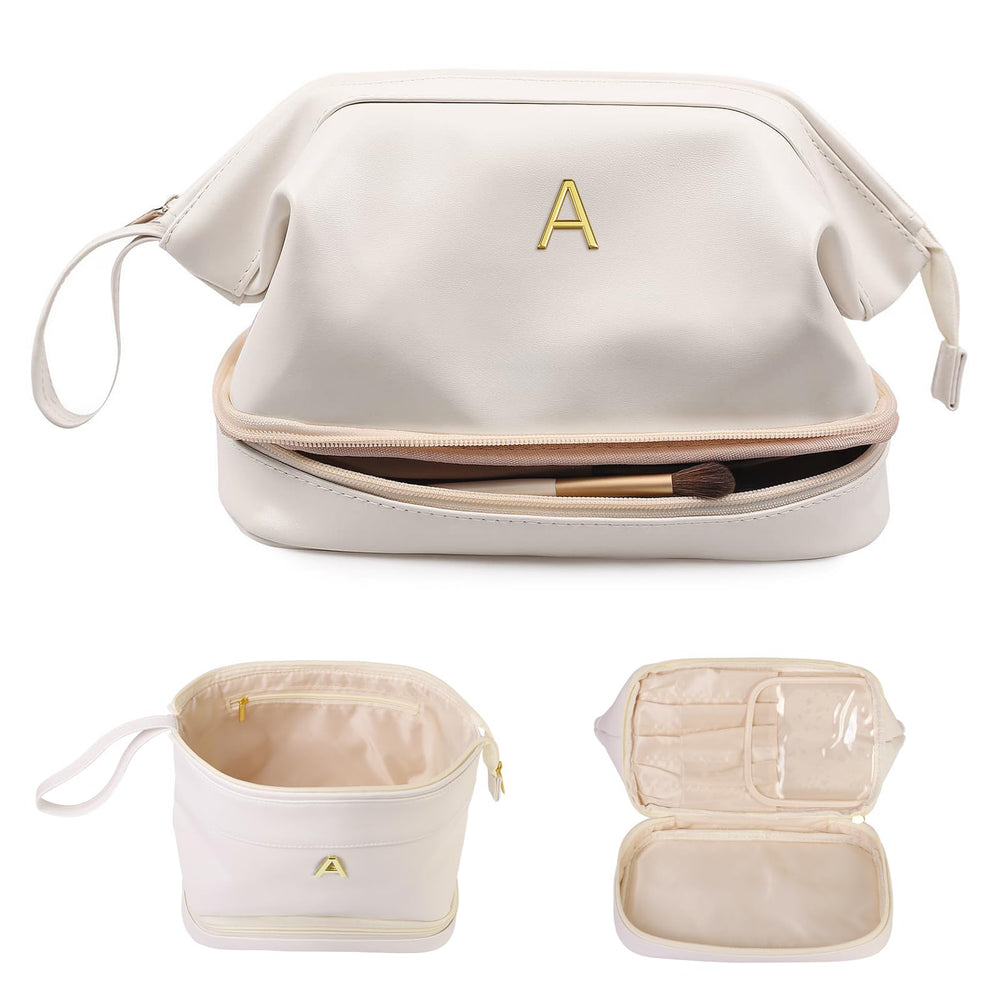 Vogewood initial large makeup bag top opening for easy daily makeup access.