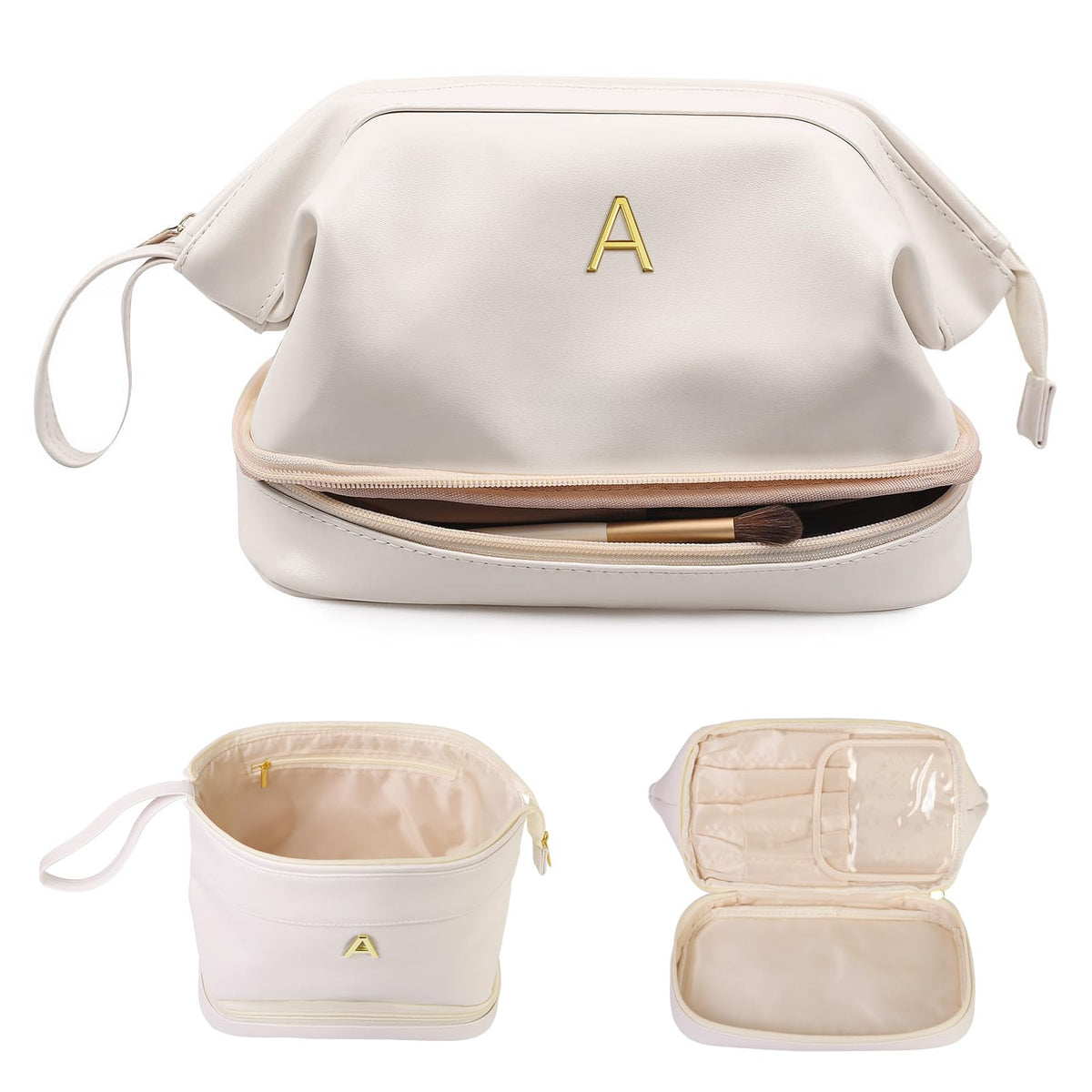Vogewood initial large makeup bag top opening for easy daily makeup access.