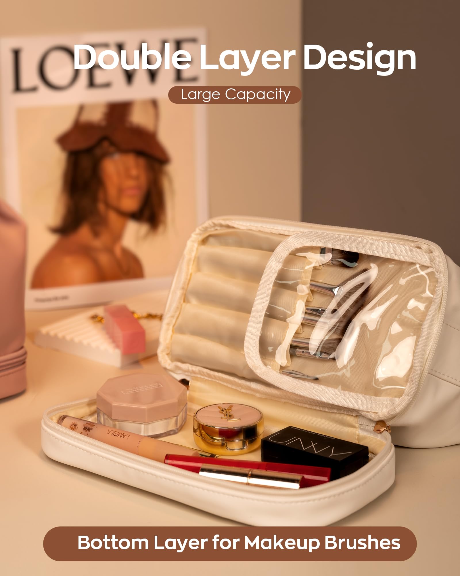 Vogewood makeup bag features soft PU leather material that protects items.