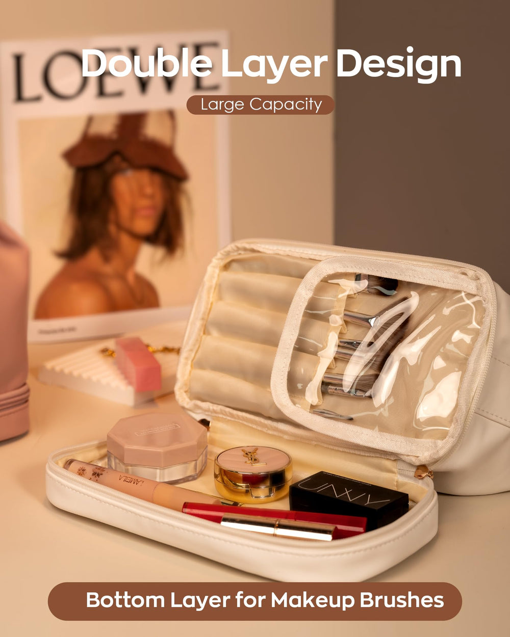 Vogewood makeup bag features soft PU leather material that protects items.