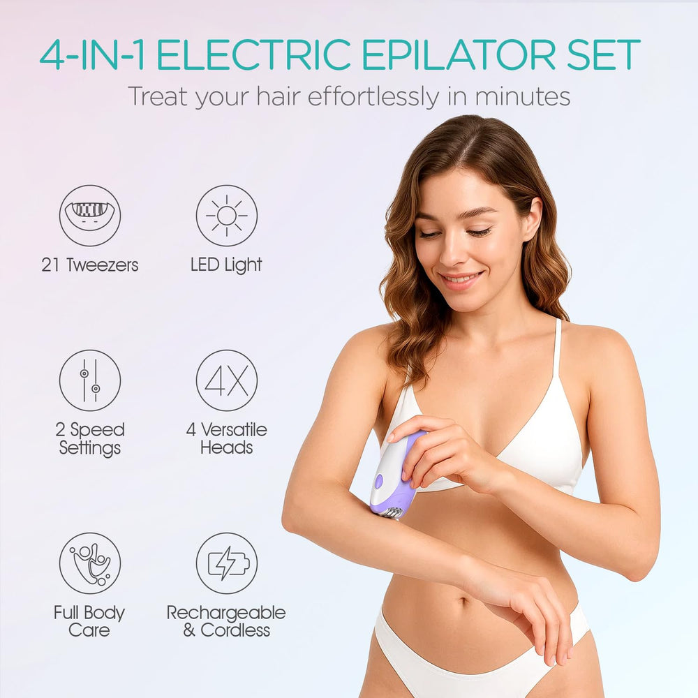 VOGOE Epilator close-up showing 21 hypoallergenic tweezers catching fine hairs