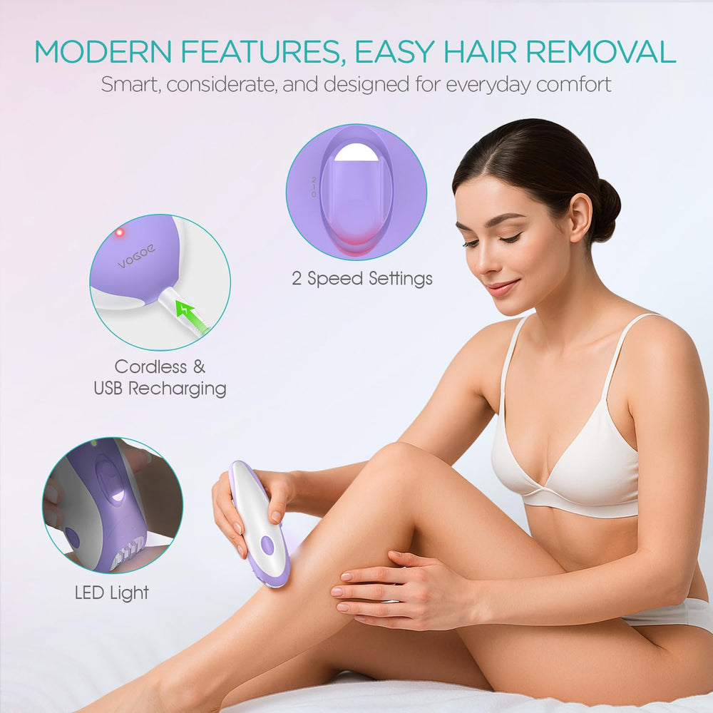 VOGOE Epilator shown in compact, travel-friendly cordless form