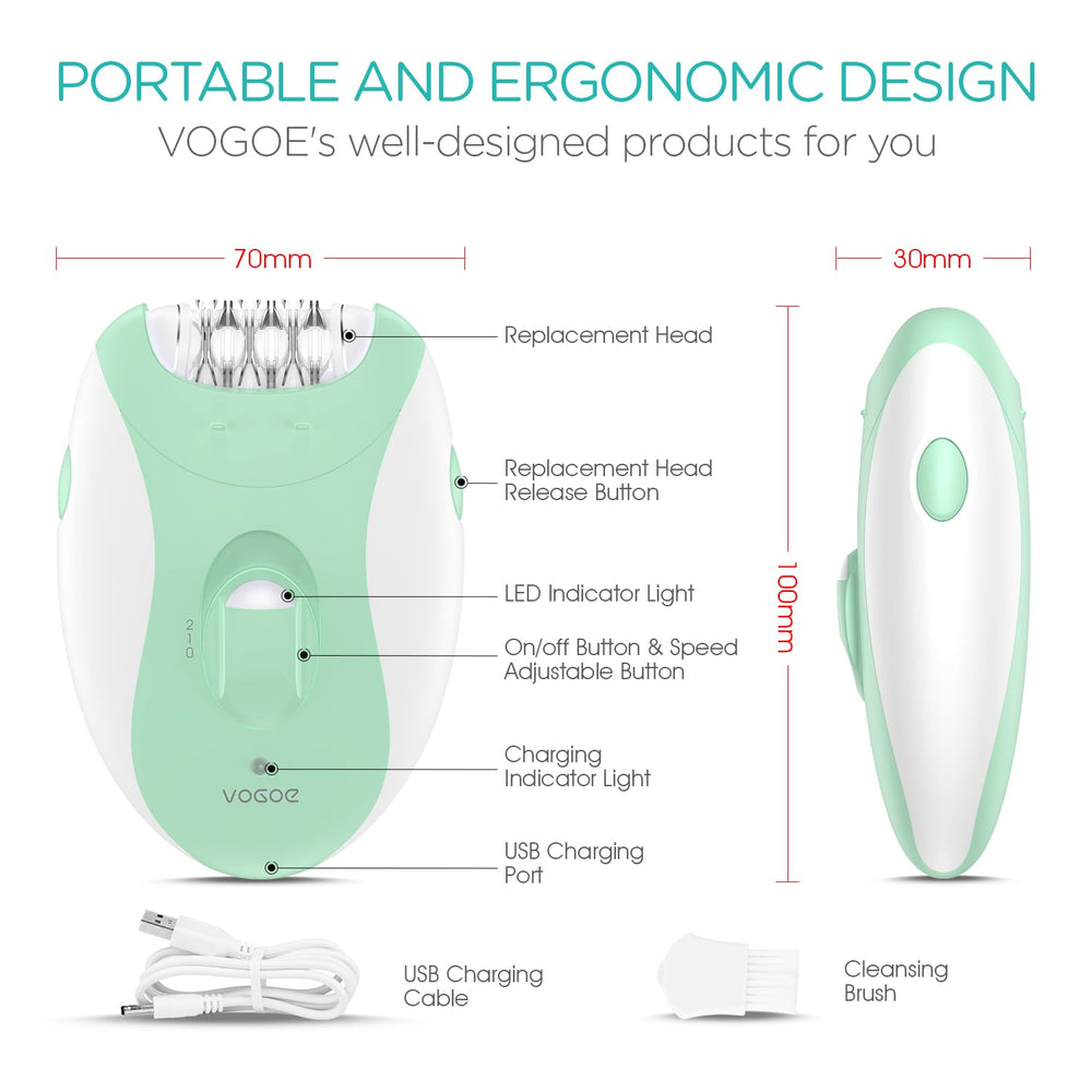 VOGOE Epilator USB-rechargeable battery for cordless sessions.