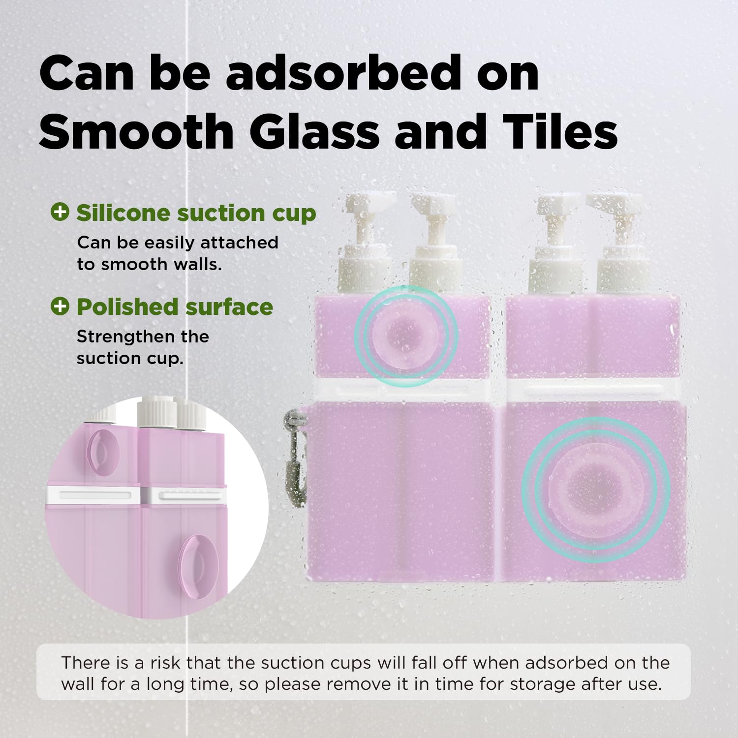 VOGOGE suction-cup bottles attached to smooth surfaces for convenient travel access.
