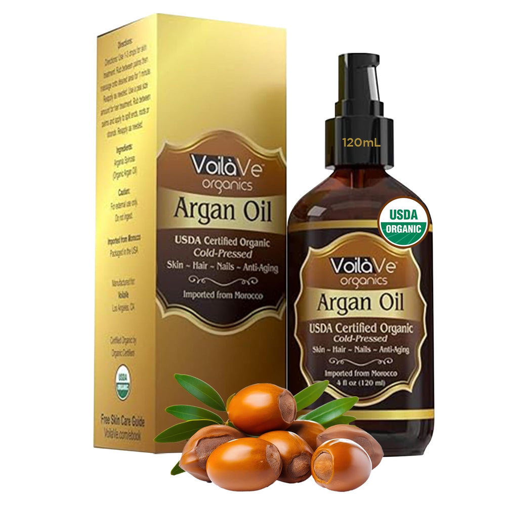 VoilaVe Argan Oil bottle shows pure organic skincare and hair care benefits