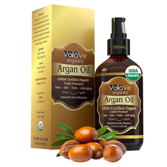 VoilaVe Argan Oil bottle shows pure organic skincare and hair care benefits