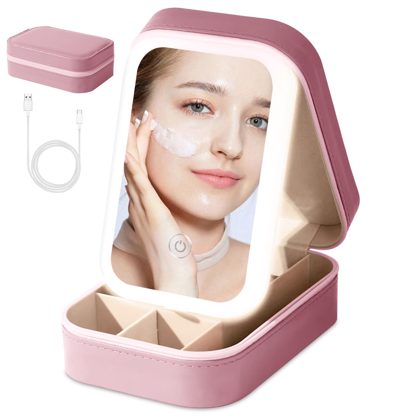 Voioe small travel LED makeup mirror case pink, compact for minis and lip products.