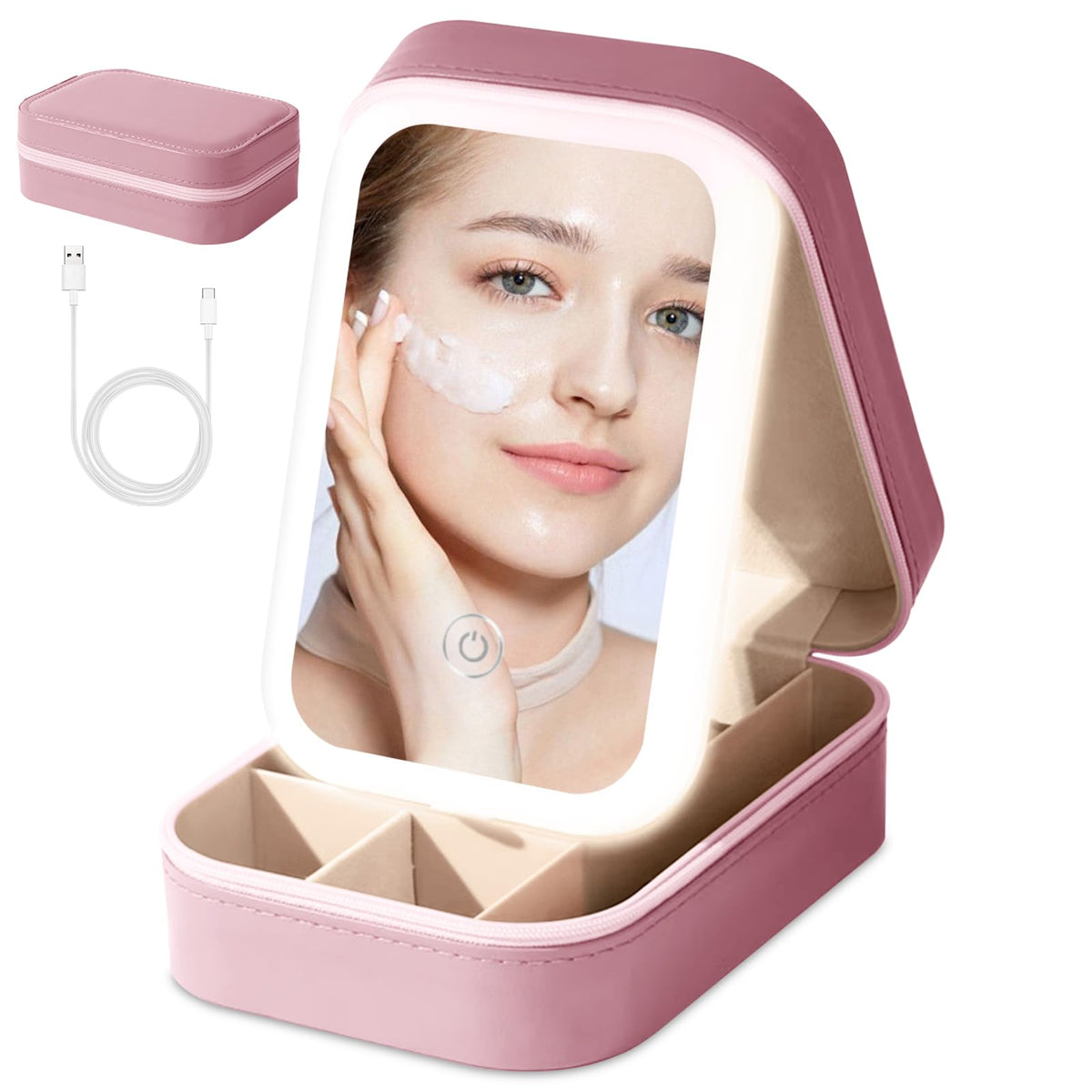Voioe small travel LED makeup mirror case pink, compact for minis and lip products.