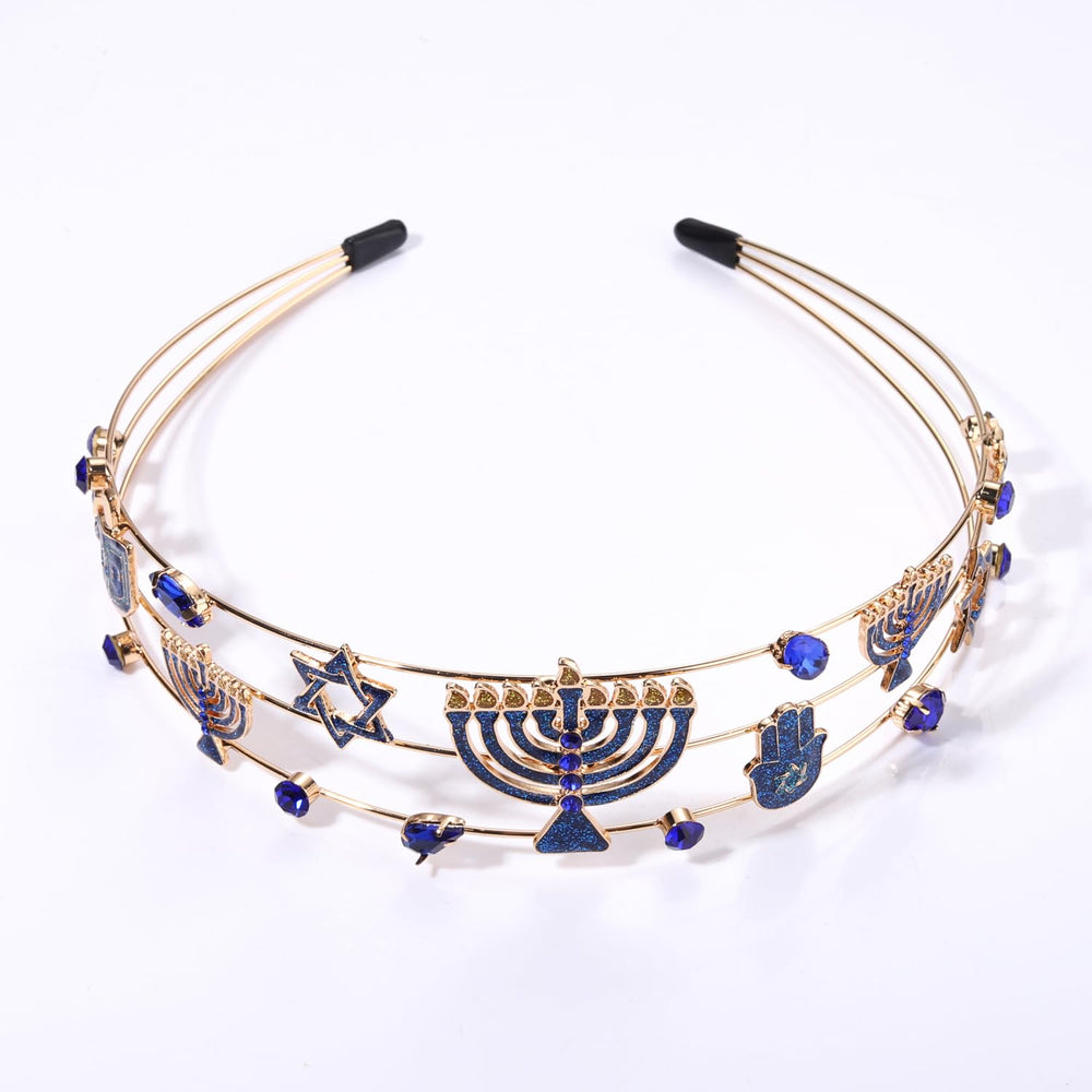 Vokone crystal menorah details on headband elevate holiday outfits.
