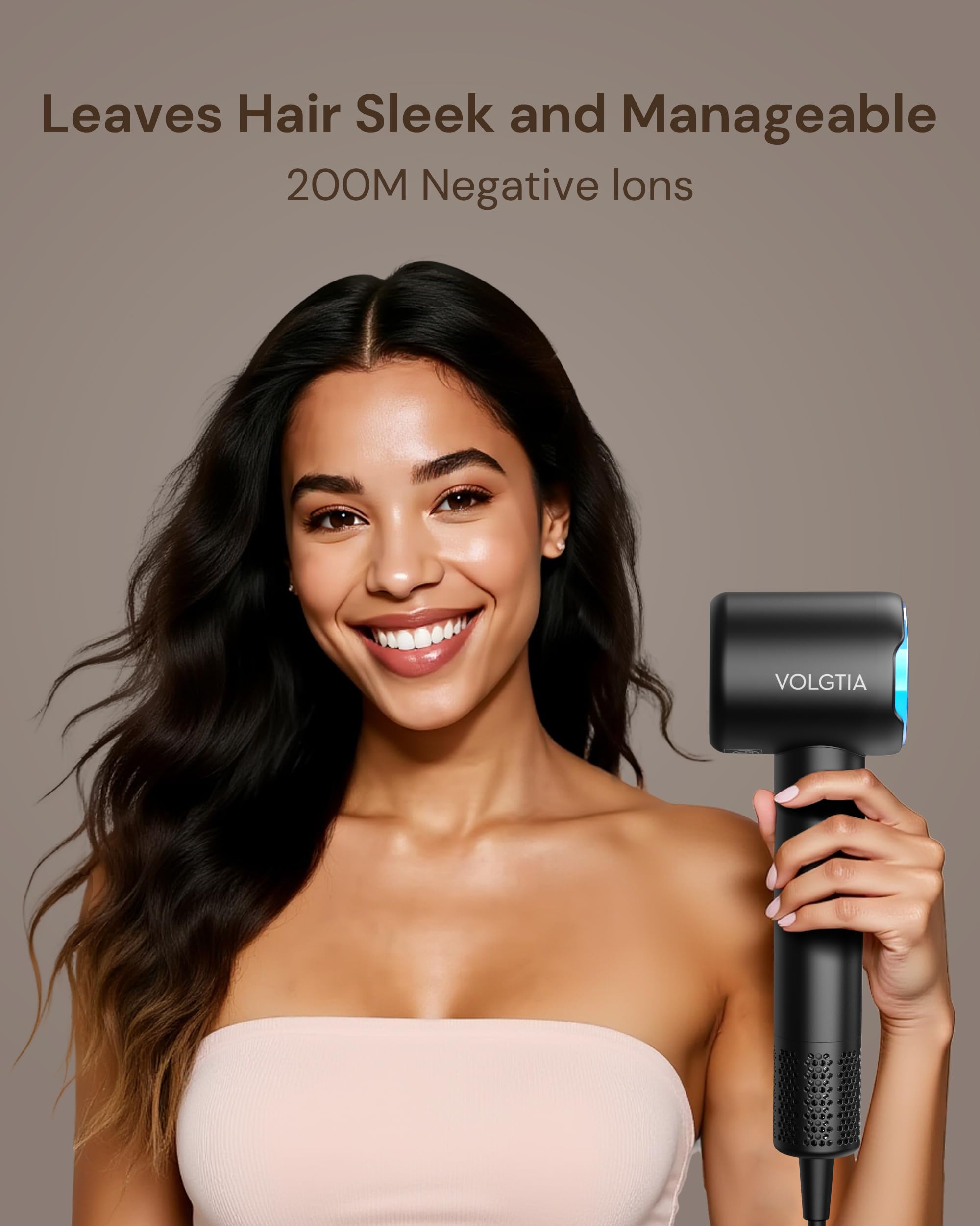 Volgtia hair dryer delivering negative ions for smoother hair