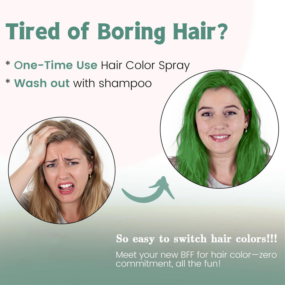 VOLLUCK green hair spray demonstrates fast-drying formula.