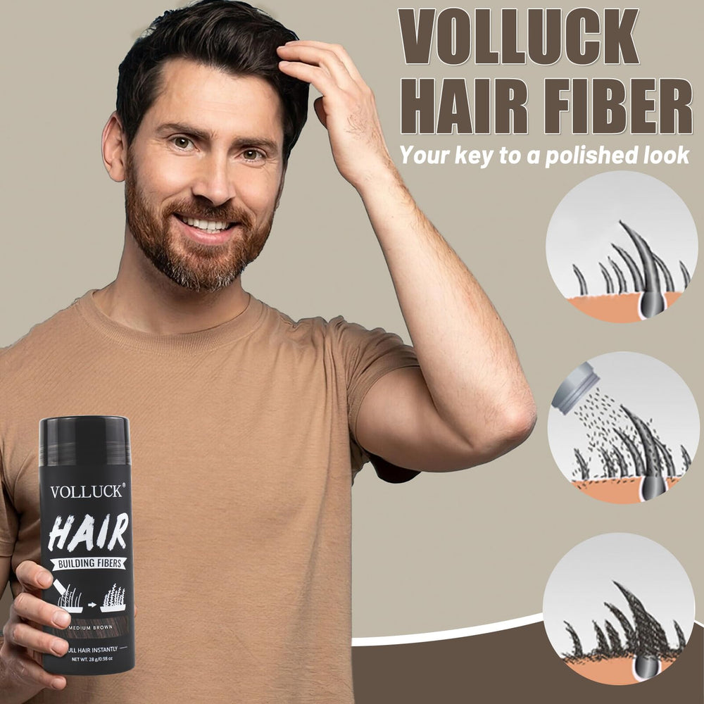 VOLLUCK Hair Fibers packaging emphasizes portable 28 g container for on-the-go touchups.