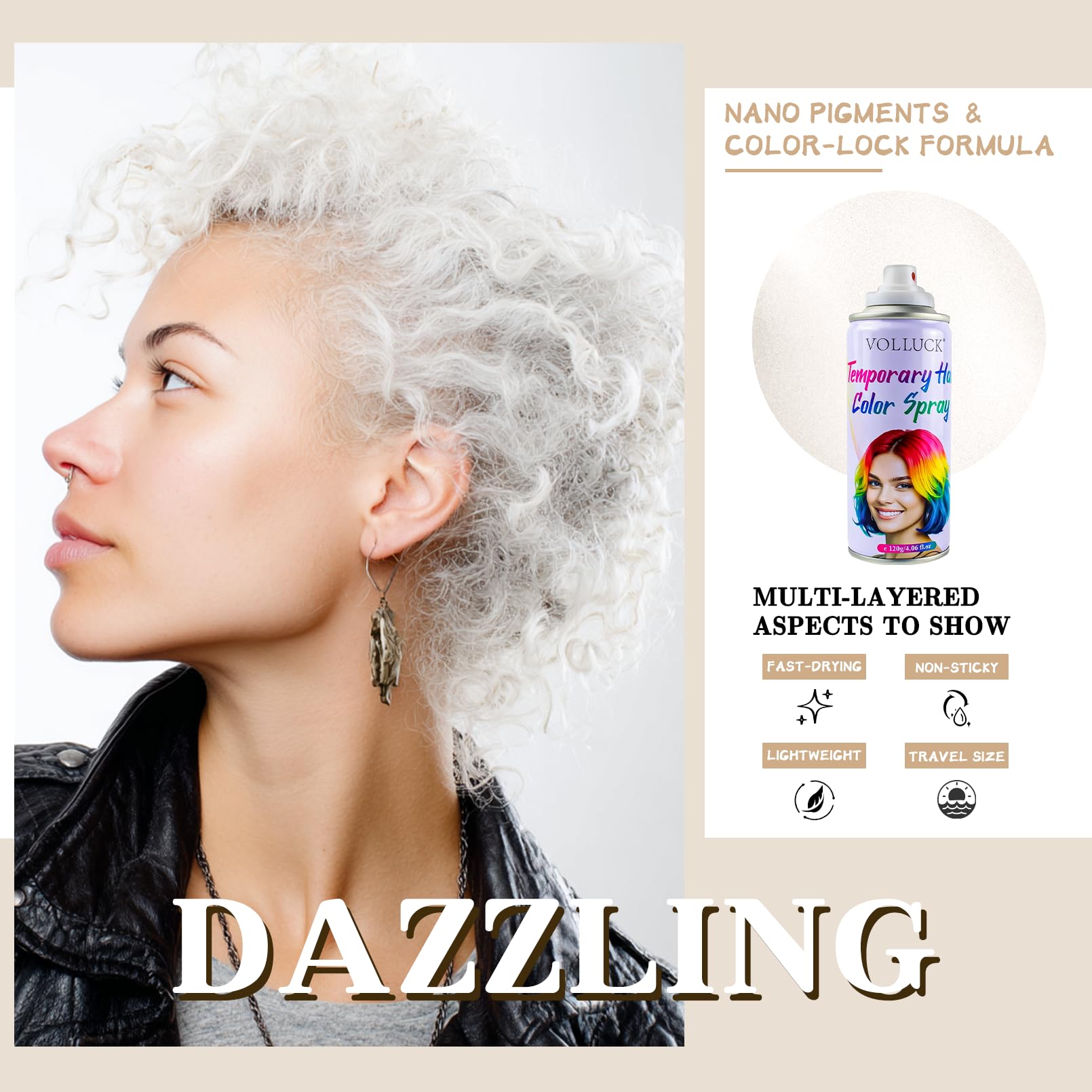 VOLLUCK spray close-up—fast-drying formula without sticky residue.