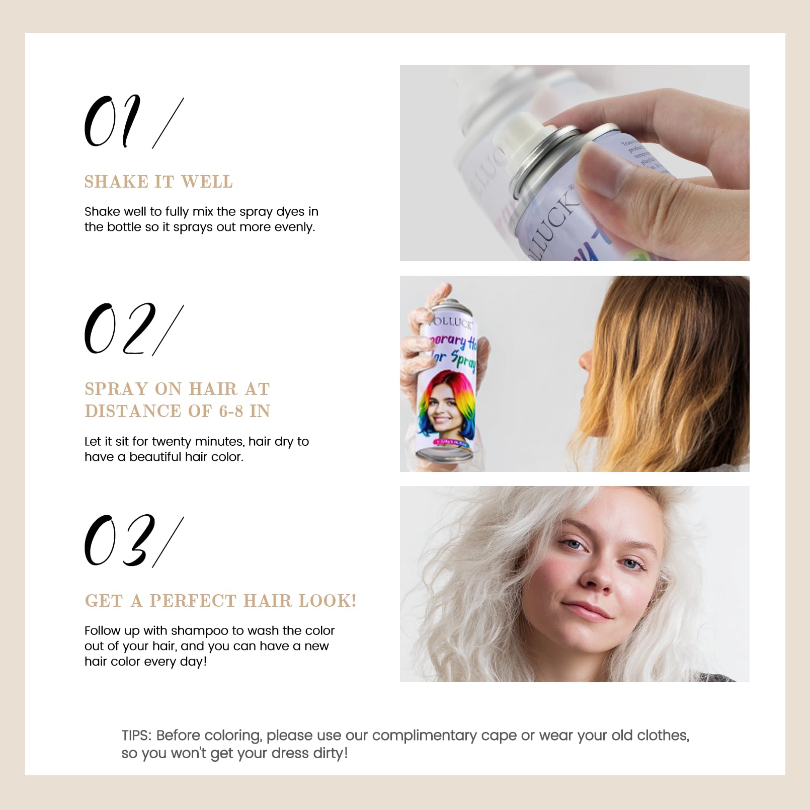 VOLLUCK white hair spray on hair—vivid color with quick-set finish.
