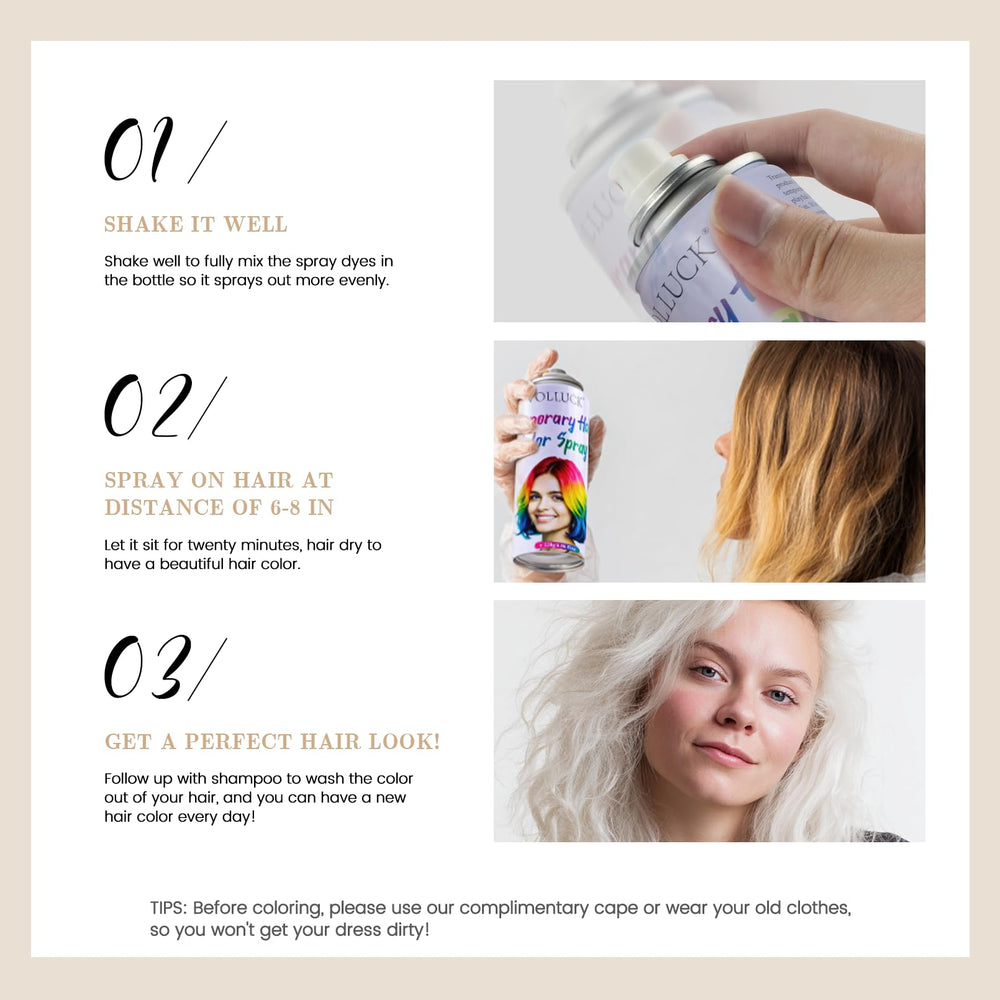 VOLLUCK white hair spray on hair—vivid color with quick-set finish.