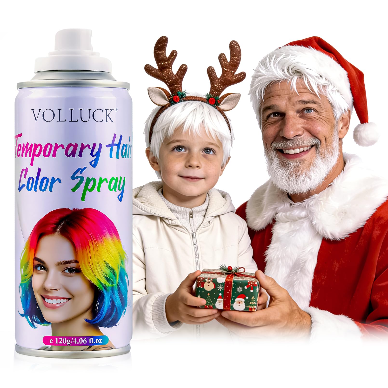 VOLLUCK white hair spray packaging—compact bottle for on-the-go color touchups.