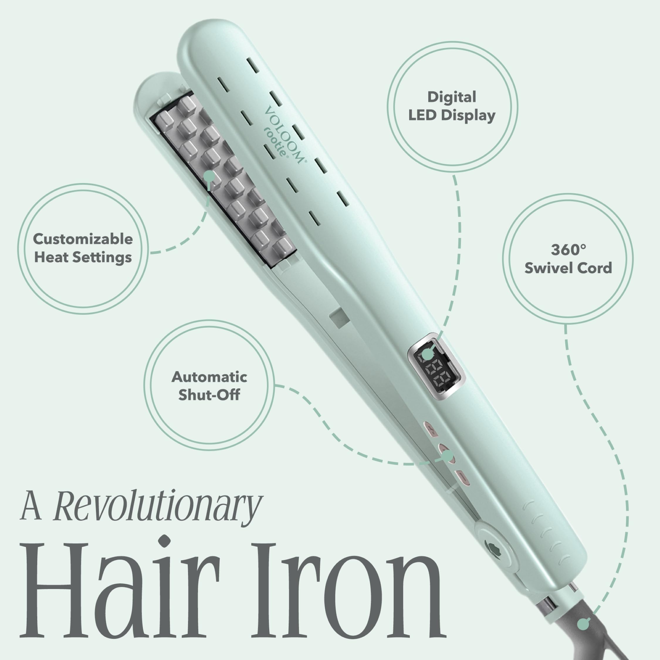 VOLOOM Rootie temperature-control dial offers adjustable heat from 220–395°F for tailored styling.