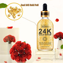 Voluxss 24K Gold Serum application drops demonstrates easy, lightweight layering under makeup