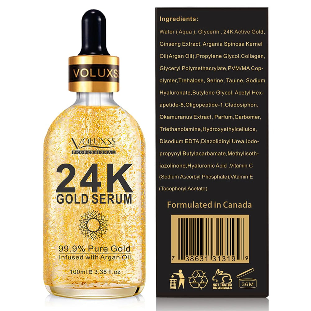 Voluxss 24K Gold Serum glow on skin suggesting radiant, healthy-looking finish