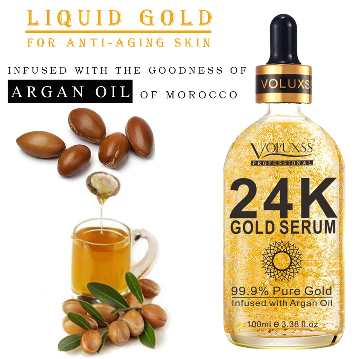 Voluxss 24K Gold Serum texture shows smooth, fast-absorbing finish for daily use