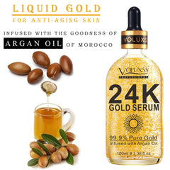 Voluxss 24K Gold Serum texture shows smooth, fast-absorbing finish for daily use
