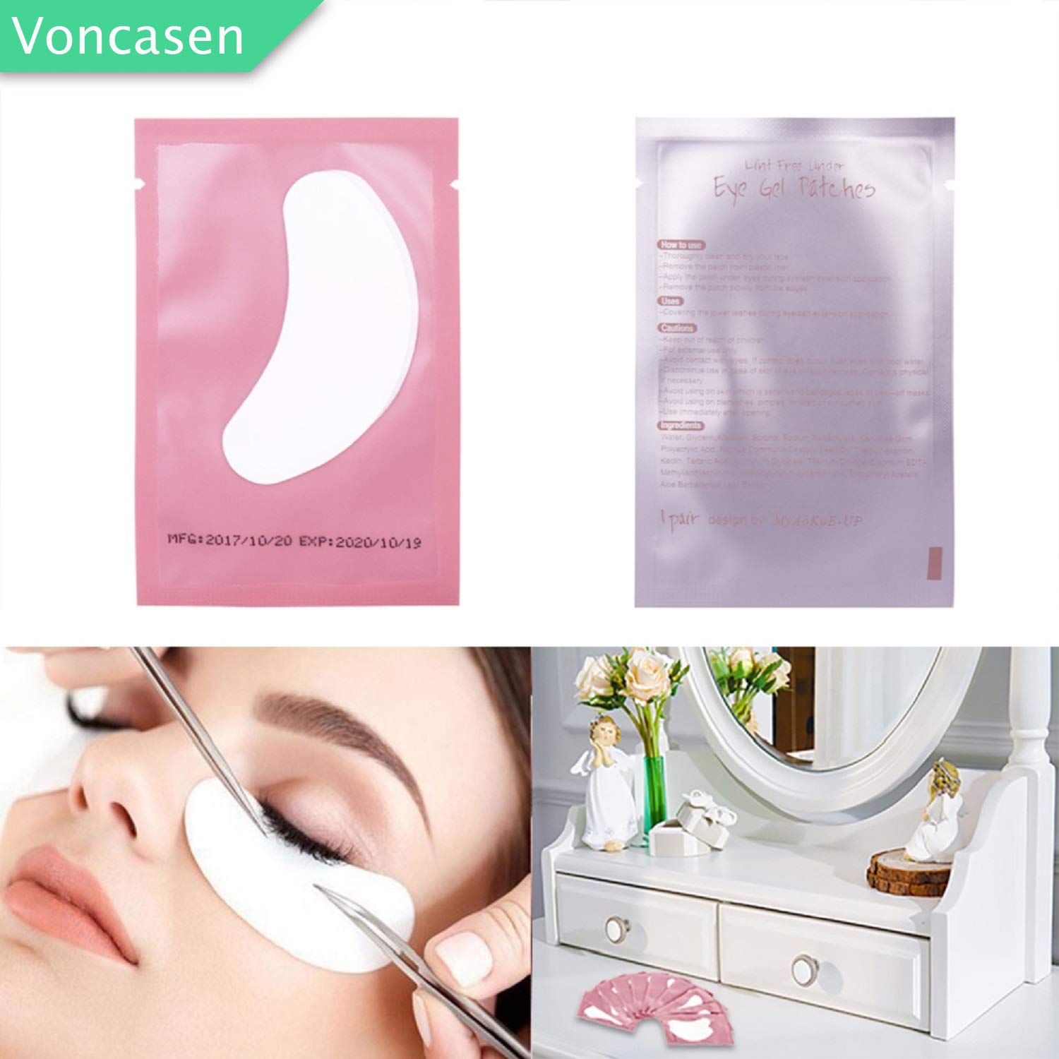 Voncasen eye pads protect lower lashes during eyelash extension procedures.