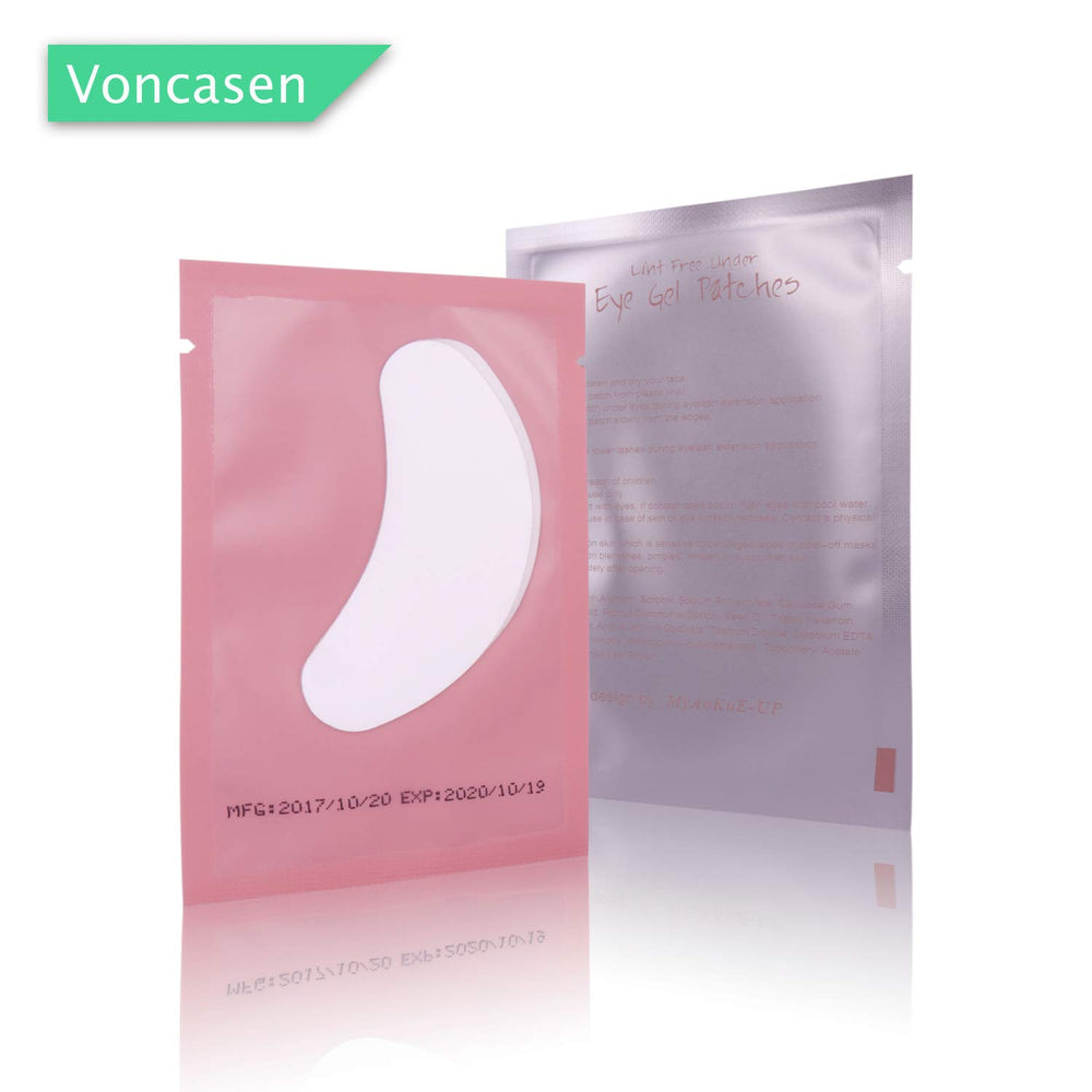 Voncasen eye pads ready for eyelash extension application with secure hold.