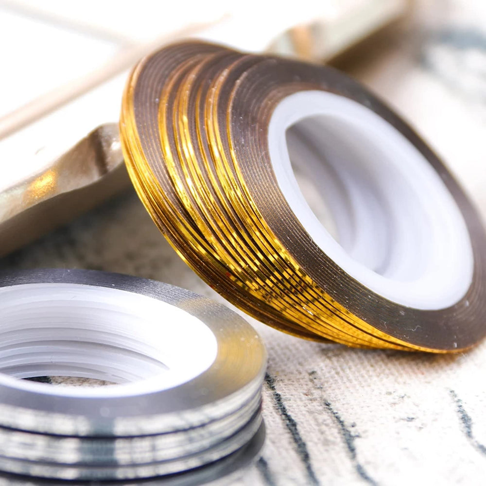 Vonrui nail tape silver and gold on nails demonstrates stylish metallic accents.
