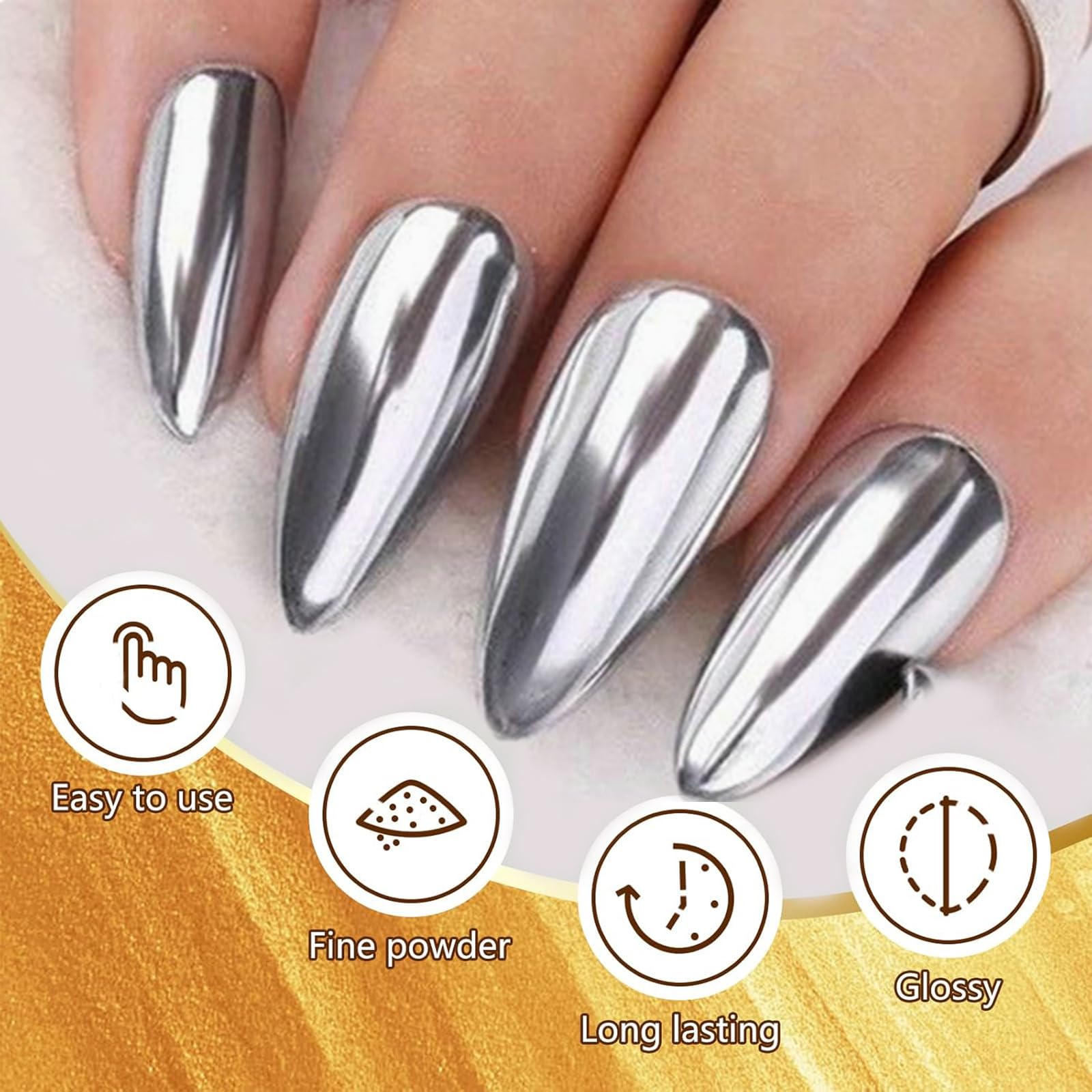 Vonrui silver and gold metallic nails showing two-tone chrome effect.